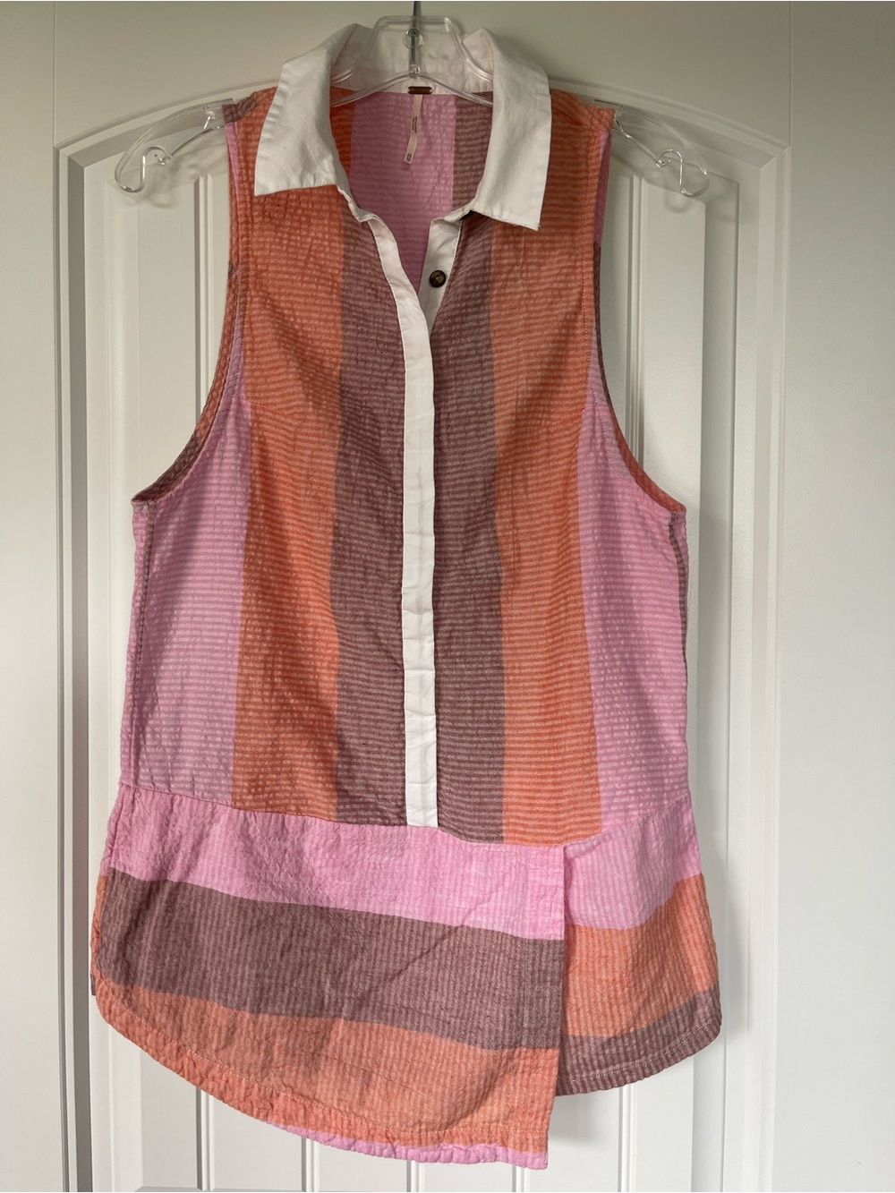 Free People Sleeveless Striped Collared Romper in Pink, Coral & Brown